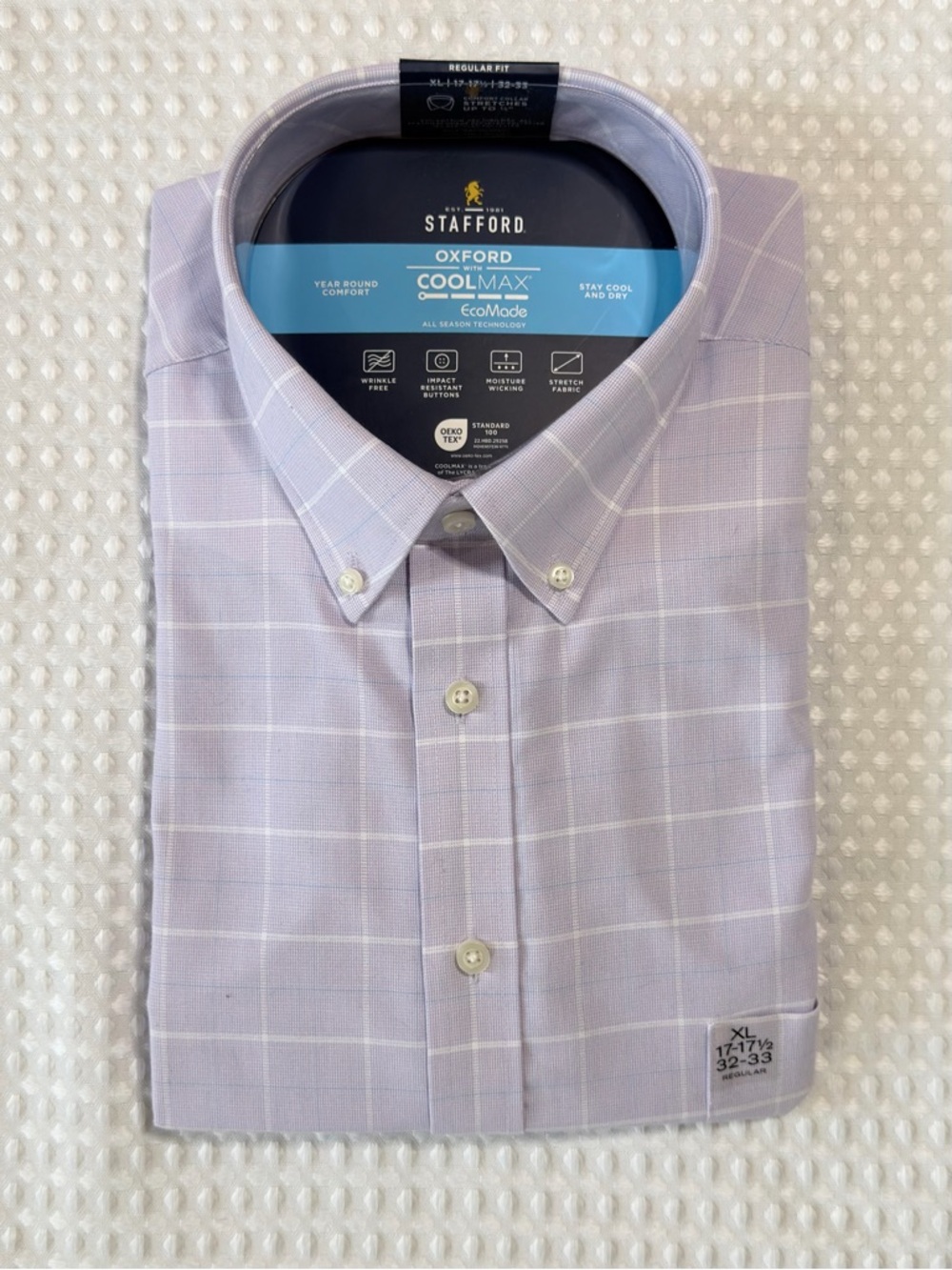 Stafford CoolMax Oxford in Orchid Plaid Dress Shirt XL (17-17 1/2” and 32-33”)